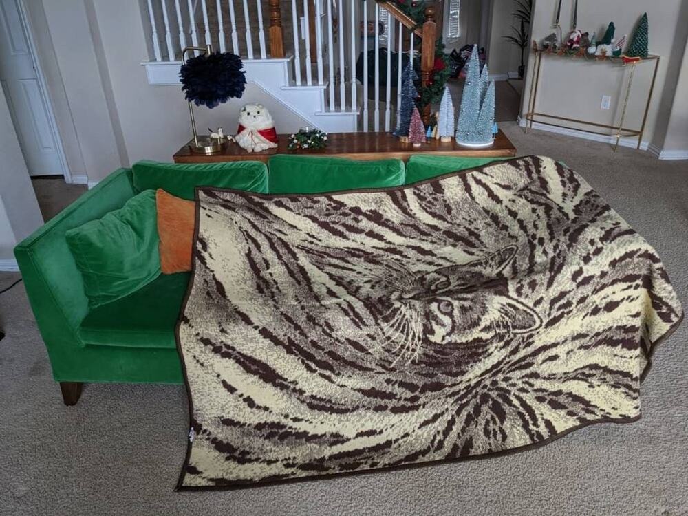 vintage KITTY CAT Print Reversible BLANKET fleece cream brown animal print